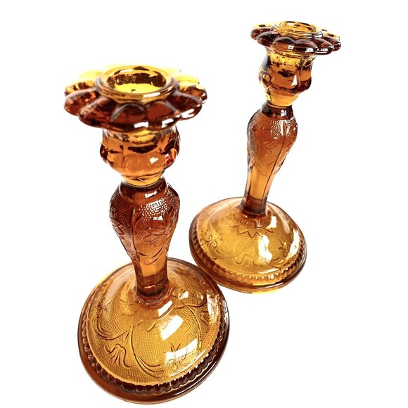 Vtg CandleSticks Tiara Amber Indiana Glass Sandwich1940 8.5"candle holder set 2 - Picture 2 of 16